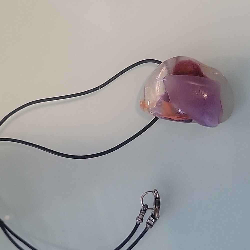 Blown Glass Pendant Necklace.  Purple and Orange Glass on Leather Necklace